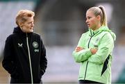 28 October 2024; Head coach Eileen Gleeson and Tara O'Hanlon during a Republic of Ireland women's training session at Tallaght Stadium in Dublin. Photo by Stephen McCarthy/Sportsfile