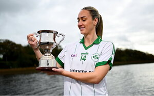 28 October 2024; Kate Flood of Naomh Padraig poses for a portrait at the AIB Leinster LGFA Club Finals’ Captains’ Day at Wineport Lodge in Westmeath. Photo by Tyler Miller/Sportsfile