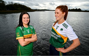 28 October 2024; Sarah O'Sullivan of Kilcock, left, and Kelley Comerford of Muckalee pose for a portrait at the AIB Leinster LGFA Club Finals’ Captains’ Day at Wineport Lodge in Westmeath. Photo by Tyler Miller/Sportsfile