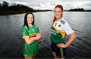 28 October 2024; Sarah O'Sullivan of Kilcock, left, and Kelley Comerford of Muckalee pose for a portrait at the AIB Leinster LGFA Club Finals’ Captains’ Day at Wineport Lodge in Westmeath. Photo by Tyler Miller/Sportsfile