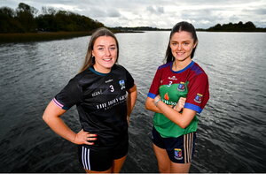 28 October 2024; Geri Rose O'Connor of Baile Dubh Tire, left, and Eva Fitzpatrick of Goldsmiths pose for a portrait at the AIB Leinster LGFA Club Finals’ Captains’ Day at Wineport Lodge in Westmeath. Photo by Tyler Miller/Sportsfile