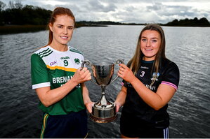 28 October 2024; Kelley Comerford of Muckalee, left, and Geri Rose O'Connor of Baile Dubh Tire pose for a portrait at the AIB Leinster LGFA Club Finals’ Captains’ Day at Wineport Lodge in Westmeath. Photo by Tyler Miller/Sportsfile
