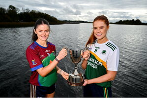 28 October 2024; Eva Fitzpatrick of Goldsmith, left, and Kelley Comerford of Muckalee pose for a portrait at the AIB Leinster LGFA Club Finals’ Captains’ Day at Wineport Lodge in Westmeath. Photo by Tyler Miller/Sportsfile