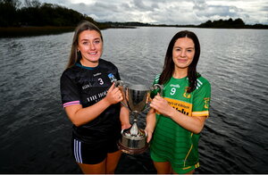 28 October 2024; Geri Rose O'Connor of Baile Dubh Tire, left, and Sarah O'Sullivan of Kilcock pose for a portrait at the AIB Leinster LGFA Club Finals’ Captains’ Day at Wineport Lodge in Westmeath. Photo by Tyler Miller/Sportsfile