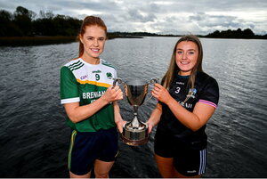 28 October 2024; Kelley Comerford of Muckalee, left, and Geri Rose O'Connor of Baile Dubh Tire pose for a portrait at the AIB Leinster LGFA Club Finals’ Captains’ Day at Wineport Lodge in Westmeath. Photo by Tyler Miller/Sportsfile