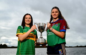 28 October 2024; Sarah O'Sullivan of Kilcock, left, and Eva Fitzpatrick of Goldsmiths pose for a portrait at the AIB Leinster LGFA Club Finals’ Captains’ Day at Wineport Lodge in Westmeath. Photo by Tyler Miller/Sportsfile