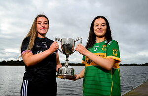 28 October 2024; Geri Rose O'Connor of Baile Dubh Tire, left, and Sarah O'Sullivan of Kilcock pose for a portrait at the AIB Leinster LGFA Club Finals’ Captains’ Day at Wineport Lodge in Westmeath. Photo by Tyler Miller/Sportsfile