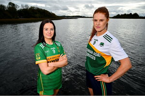 28 October 2024; Sarah O'Sullivan of Kilcock, left, and Kelley Comerford of Muckalee pose for a portrait at the AIB Leinster LGFA Club Finals’ Captains’ Day at Wineport Lodge in Westmeath. Photo by Tyler Miller/Sportsfile
