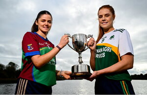 28 October 2024; Eva Fitzpatrick of Goldsmith, left, and Kelley Comerford of Muckalee pose for a portrait at the AIB Leinster LGFA Club Finals’ Captains’ Day at Wineport Lodge in Westmeath. Photo by Tyler Miller/Sportsfile