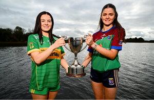 28 October 2024; Sarah O'Sullivan of Kilcock, left, and Eva Fitzpatrick of Goldsmiths pose for a portrait at the AIB Leinster LGFA Club Finals’ Captains’ Day at Wineport Lodge in Westmeath. Photo by Tyler Miller/Sportsfile