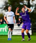 28 October 2024; Aaron Dobbs of Wexford reacts to a missed shot on goal during the SSE Airtricity Men's First Division Play-Off semi-final second leg match between Wexford and Athlone Town at Ferrycarrig Park in Wexford. Photo by Shauna Clinton/Sportsfile