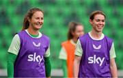 28 October 2024; Kyra Carusa and Aoife Mannion, right, during a Republic of Ireland women's training session at Tallaght Stadium in Dublin. Photo by Stephen McCarthy/Sportsfile