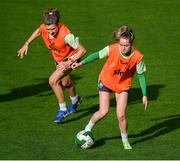28 October 2024; Heather Payne and Leanne Kiernan, left, during a Republic of Ireland women's training session at Tallaght Stadium in Dublin. Photo by Stephen McCarthy/Sportsfile