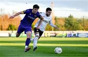 28 October 2024; Leonardo Gaxha of Athlone Town in action against Darragh Levingston of Wexford during the SSE Airtricity Men's First Division Play-Off semi-final second leg match between Wexford and Athlone Town at Ferrycarrig Park in Wexford. Photo by Shauna Clinton/Sportsfile