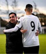 28 October 2024; Athlone Town manager Dario Castelo with Dean Ebbe of Athlone Town after his side's draw in the SSE Airtricity Men's First Division Play-Off semi-final second leg match between Wexford and Athlone Town at Ferrycarrig Park in Wexford. Photo by Shauna Clinton/Sportsfile
