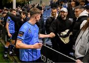 28 October 2024; Ronan Finn of UCD with former Shamrock Rovers team-mates, from left, Graham Burke, Richie Towell and Gary O'Neill after the SSE Airtricity Men's First Division play-off semi-final second leg match between UCD and Bray Wanderers at UCD Bowl in Dublin. Photo by Stephen McCarthy/Sportsfile