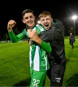28 October 2024; John O'Sullivan, left, and Zach Nolan of Bray Wanderers celebrate after the SSE Airtricity Men's First Division play-off semi-final second leg match between UCD and Bray Wanderers at UCD Bowl in Dublin. Photo by Stephen McCarthy/Sportsfile