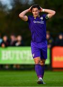 28 October 2024; Aaron Dobbs of Wexford reacts during the SSE Airtricity Men's First Division Play-Off semi-final second leg match between Wexford and Athlone Town at Ferrycarrig Park in Wexford. Photo by Shauna Clinton/Sportsfile