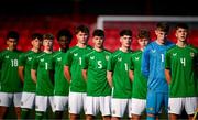 29 October 2024; Republic of Ireland captain Oisin McDonagh and his teammates before the UEFA U17 European Championships Round 1 Qualifier match between Republic of Ireland and Lithuania at Inver Park in Larne, Antrim. Photo by Ramsey Cardy/Sportsfile