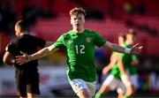29 October 2024; Brody Lee of Republic of Ireland celebrates after scoring his side's first goal during the UEFA U17 European Championships Round 1 Qualifier match between Republic of Ireland and Lithuania at Inver Park in Larne, Antrim. Photo by Ramsey Cardy/Sportsfile