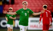 29 October 2024; Michael Noonan of Republic of Ireland celebrates after scoring his side's second goal during the UEFA U17 European Championships Round 1 Qualifier match between Republic of Ireland and Lithuania at Inver Park in Larne, Antrim. Photo by Ramsey Cardy/Sportsfile