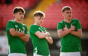29 October 2024; Michael Noonan of Republic of Ireland, right, celebrates with teammates Billy Hayes, left, and Brody Lee, after scoring their side's second goal during the UEFA U17 European Championships Round 1 Qualifier match between Republic of Ireland and Lithuania at Inver Park in Larne, Antrim. Photo by Ramsey Cardy/Sportsfile