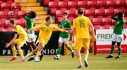 29 October 2024; Carmine Lukas Mennea of Lithuania, 19, celebrates after scoring his side's second goal during the UEFA U17 European Championships Round 1 Qualifier match between Republic of Ireland and Lithuania at Inver Park in Larne, Antrim. Photo by Ramsey Cardy/Sportsfile