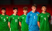29 October 2024; Republic of Ireland players, from right to left, Oisin McDonagh, Alex Noonan, Billy Canny, Billy Hayes and Finn Sherlock before the UEFA U17 European Championships Round 1 Qualifier match between Republic of Ireland and Lithuania at Inver Park in Larne, Antrim. Photo by Ramsey Cardy/Sportsfile