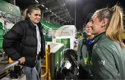29 October 2024; Injured Republic of Ireland player Jamie Finn, left, meets teammates Lily Agg, centre, and Heather Payne before the UEFA Women's EURO 2025 Play-Off Round 1 second leg match between Republic of Ireland and Georgia at Tallaght Stadium in Dublin. Photo by Stephen McCarthy/Sportsfile