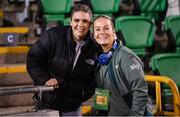 29 October 2024; Injured Republic of Ireland player Jamie Finn, left, and Lily Agg of Republic of Ireland before the UEFA Women's EURO 2025 Play-Off Round 1 second leg match between Republic of Ireland and Georgia at Tallaght Stadium in Dublin. Photo by Stephen McCarthy/Sportsfile