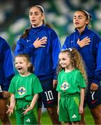 29 October 2024; Izabela Lojna, left, and Petra Pezelj of Croatia with their mascots before the UEFA Women's EURO 2025 Play-Off Round 1 Second Leg match between Northern Ireland and Croatia at the National Football Stadium in Windsor Park, Belfast. Photo by Ramsey Cardy/Sportsfile