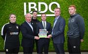 30 October 2024; BDO Ireland have announced the launch of its Economic Impact Assessment of the League of Ireland report, which highlights the league's significant contributions to economic growth and the social benefits it provides to communities across the country. The report details the league's growing impact on Ireland's national economy, local communities, and the development of both men's and women's football. Highlights include, the League of Ireland contributed  €164.7 million to the Irish economy in 2023, a significant increase from the €143 million recorded in 2022. The number of televised League of Ireland matches more than doubled from 2021 to 2023, with peak time viewership increasing by 80%. In attendance at the announcement are, from left, Laurie Ryan of Athlone Town, Chairman of the National League Committee Dermot Ahern, Ruairí Keating of Cork City, League of Ireland director Mark Scanlon, Austin Hickey, Director at BDO Ireland, and Rory Gaffney of Shamrock Rovers. Photo by Brendan Moran/Sportsfile