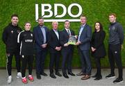 30 October 2024; BDO Ireland have announced the launch of its Economic Impact Assessment of the League of Ireland report, which highlights the league's significant contributions to economic growth and the social benefits it provides to communities across the country. The report details the league's growing impact on Ireland's national economy, local communities, and the development of both men's and women's football. Highlights include, the League of Ireland contributed €164.7 million to the Irish economy in 2023, a significant increase from the €143 million recorded in 2022. The number of televised League of Ireland matches more than doubled from 2021 to 2023, with peak time viewership increasing by 80%. In attendance at the announcement are, from left, Ruairí Keating of Cork City, Laurie Ryan of Athlone Town, BDO Ireland senior manager Ciaran Brannigan, Chairman of the National League Committee Dermot Ahern, League of Ireland director Mark Scanlon, Austin Hickey, Director at BDO Ireland, FAI Marketing and Communications Director Eadaoin Keane and Rory Gaffney of Shamrock Rovers. Photo by Brendan Moran/Sportsfile