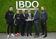 30 October 2024; BDO Ireland have announced the launch of its Economic Impact Assessment of the League of Ireland report, which highlights the league's significant contributions to economic growth and the social benefits it provides to communities across the country. The report details the league's growing impact on Ireland's national economy, local communities, and the development of both men's and women's football. Highlights include, the League of Ireland contributed  €164.7 million to the Irish economy in 2023, a significant increase from the €143 million recorded in 2022. The number of televised League of Ireland matches more than doubled from 2021 to 2023, with peak time viewership increasing by 80%. In attendance at the announcement are, from left, Ruairí Keating of Cork City, Laurie Ryan of Athlone Town, Chairman of the National League Committee Dermot Ahern, League of Ireland director Mark Scanlon, Austin Hickey, Director at BDO Ireland, and Rory Gaffney of Shamrock Rovers. Photo by Brendan Moran/Sportsfile