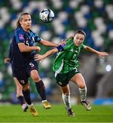 29 October 2024; Simone Magill of Northern Ireland in action against Kristina Nevrkla of Croatia during the UEFA Women's EURO 2025 Play-Off Round 1 Second Leg match between Northern Ireland and Croatia at the National Football Stadium in Windsor Park, Belfast. Photo by Ramsey Cardy/Sportsfile