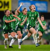 29 October 2024; Lauren Wade of Northern Ireland celebrates after scoring her side's first goal during the UEFA Women's EURO 2025 Play-Off Round 1 Second Leg match between Northern Ireland and Croatia at the National Football Stadium in Windsor Park, Belfast. Photo by Ramsey Cardy/Sportsfile