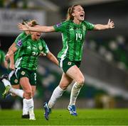 29 October 2024; Lauren Wade of Northern Ireland celebrates after scoring her side's first goal during the UEFA Women's EURO 2025 Play-Off Round 1 Second Leg match between Northern Ireland and Croatia at the National Football Stadium in Windsor Park, Belfast. Photo by Ramsey Cardy/Sportsfile