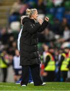 29 October 2024; Northern Ireland manager Tanya Oxtoby celebrates at the final whistle after their victory in the UEFA Women's EURO 2025 Play-Off Round 1 Second Leg match between Northern Ireland and Croatia at the National Football Stadium in Windsor Park, Belfast. Photo by Ramsey Cardy/Sportsfile