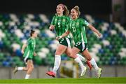29 October 2024; Brenna McPartlan, left, and Natalie Johnson of Northern Ireland celebate after their victory in the UEFA Women's EURO 2025 Play-Off Round 1 Second Leg match between Northern Ireland and Croatia at the National Football Stadium in Windsor Park, Belfast. Photo by Ramsey Cardy/Sportsfile