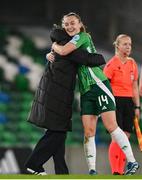 29 October 2024; Northern Ireland goalscorer Lauren Wade is congratulated by manager Tanya Oxtoby after their victory in the UEFA Women's EURO 2025 Play-Off Round 1 Second Leg match between Northern Ireland and Croatia at the National Football Stadium in Windsor Park, Belfast. Photo by Ramsey Cardy/Sportsfile