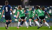29 October 2024; Lauren Wade of Northern Ireland shoots to score her side's first goal during the UEFA Women's EURO 2025 Play-Off Round 1 Second Leg match between Northern Ireland and Croatia at the National Football Stadium in Windsor Park, Belfast. Photo by Ramsey Cardy/Sportsfile