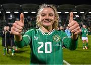 29 October 2024; Leanne Kiernan of Republic of Ireland celebrates after the UEFA Women's EURO 2025 Play-Off Round 1 second leg match between Republic of Ireland and Georgia at Tallaght Stadium in Dublin. Photo by Stephen McCarthy/Sportsfile