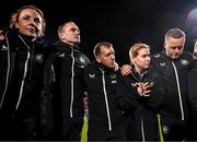 29 October 2024; Republic of Ireland's Aoife Mannion, second from right, with staff, from left, physiotherapist Angela Kenneally, assistant coach Colin Healy, equipment officer Barry Sanfey and analyst Paul O'Donovan after the UEFA Women's EURO 2025 Play-Off Round 1 second leg match between Republic of Ireland and Georgia at Tallaght Stadium in Dublin. Photo by Stephen McCarthy/Sportsfile