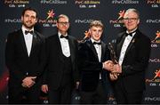 1 November 2024; Johnny McGrath of Galway is presented with his PwC All-Star award by, from left, Gaelic Players Association chief executive Tom Parsons, PwC partner Michael McDaid and Uachtarán Chumann Lúthchleas Gael Jarlath Burns during the 2024 PwC GAA/GPA All-Star Awards at the RDS in Dublin. Photo by Brendan Moran/Sportsfile