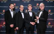 1 November 2024; Barry McCambridge of Armagh is presented with his PwC All-Star award by, from left, Gaelic Players Association chief executive Tom Parsons, PwC partner Michael McDaid and Uachtarán Chumann Lúthchleas Gael Jarlath Burns during the 2024 PwC GAA/GPA All-Star Awards at the RDS in Dublin. Photo by Brendan Moran/Sportsfile