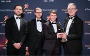 1 November 2024; Peadar Mogan of Donegal is presented with his PwC All-Star award by, from left, Gaelic Players Association chief executive Tom Parsons, PwC partner Michael McDaid and Uachtarán Chumann Lúthchleas Gael Jarlath Burns during the 2024 PwC GAA/GPA All-Star Awards at the RDS in Dublin. Photo by Brendan Moran/Sportsfile
