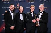 1 November 2024; Galway footballer Dylan McHugh is presented with his PwC All-Star award by, from left, Gaelic Players Association chief executive Tom Parsons, PwC partner Michael McDaid and Uachtarán Chumann Lúthchleas Gael Jarlath Burns during the 2024 PwC GAA/GPA All-Star Awards at the RDS in Dublin. Photo by Brendan Moran/Sportsfile