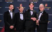 1 November 2024; Ben Crealey of Armagh is presented with his PwC All-Star award by, from left, Gaelic Players Association chief executive Tom Parsons, PwC partner Michael McDaid and Uachtarán Chumann Lúthchleas Gael Jarlath Burns during the 2024 PwC GAA/GPA All-Star Awards at the RDS in Dublin. Photo by Brendan Moran/Sportsfile
