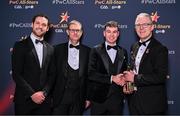 1 November 2024; Craig Lennon of Louth is presented with his PwC All-Star award by, from left, Gaelic Players Association chief executive Tom Parsons, PwC partner Michael McDaid and Uachtarán Chumann Lúthchleas Gael Jarlath Burns during the 2024 PwC GAA/GPA All-Star Awards at the RDS in Dublin. Photo by Brendan Moran/Sportsfile
