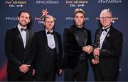 1 November 2024; Paul Conroy of Galway is presented with his PwC All-Star award by, from left, Gaelic Players Association chief executive Tom Parsons, PwC partner Michael McDaid and Uachtarán Chumann Lúthchleas Gael Jarlath Burns during the 2024 PwC GAA/GPA All-Star Awards at the RDS in Dublin. Photo by Brendan Moran/Sportsfile